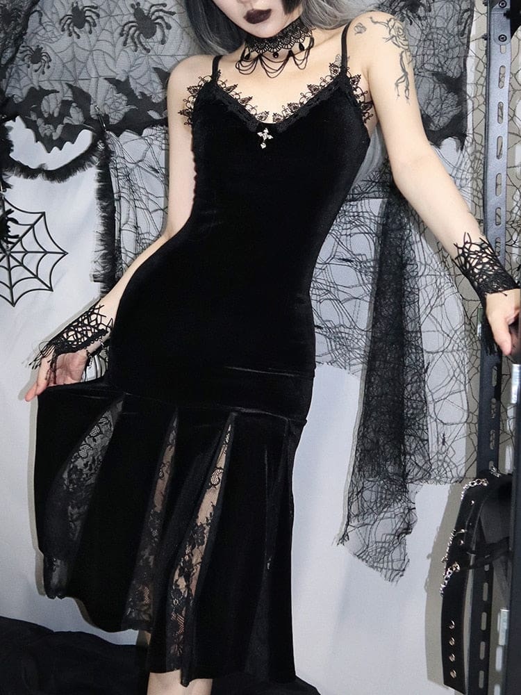 Front view of the At the Altar velour dress, with a fitted waist, slim straps and floral lace panels below the hips. One hand lightly holds the skirt.