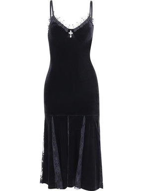 Black velour midi dress isolated on white, showing spaghetti straps, lace neckline edging, a small cross and a flared skirt with lace inserts.