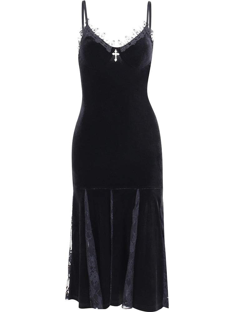 Black velour midi dress isolated on white, showing spaghetti straps, lace neckline edging, a small cross and a flared skirt with lace inserts.
