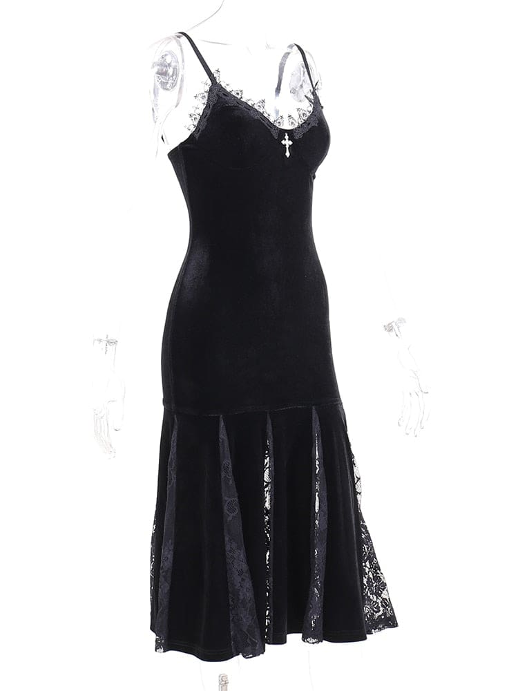 Angled mannequin view of the black velour midi dress, showing the slim straps, lace-edged neckline and flared lower panels.