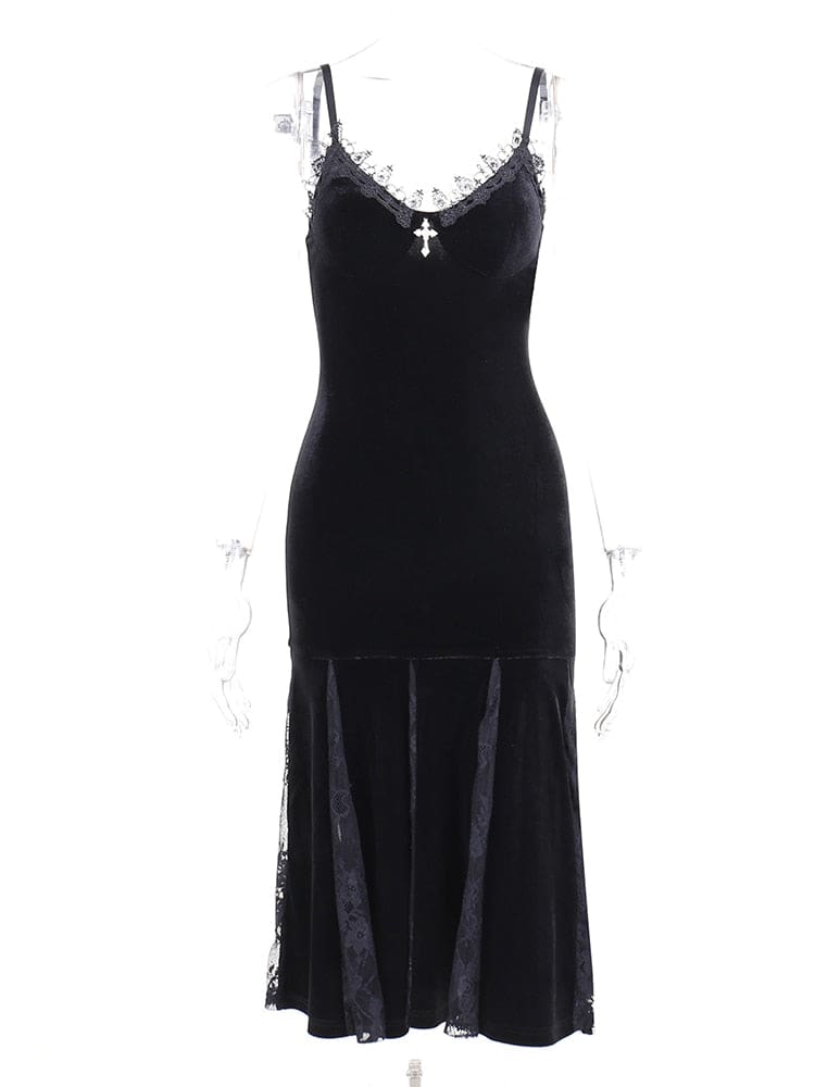 At the Altar black velour dress on a clear mannequin, with a fitted body and alternating opaque and sheer floral panels in the midi skirt.