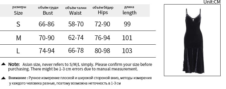 Size chart for the At the Altar black velour dress, showing S, M and L bust, waist, hip and length measurements in centimeters.