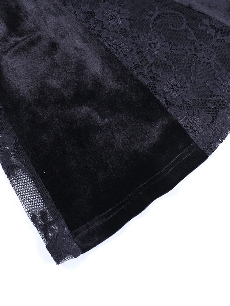 Black velour skirt panel beside floral lace, showing the seam and stitched lower edge of the At the Altar dress.