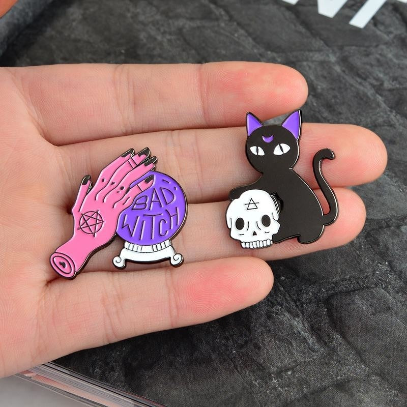 Bad Witch Black Cat Magick Enamel Pin Set Creepy Cute Pagan Goth Witchcraft Wicca Psychic Crystal Ball Lapel Brooch by Arcane Trail