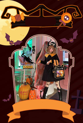 Halloween promotional layout showing a model carrying the bat-wing cat backpack, surrounded by illustrated pumpkins, bats and a blank ribbon banner.