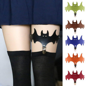 Collage of bat leg garters worn with stockings, showing different colour choices and the position of the clip.