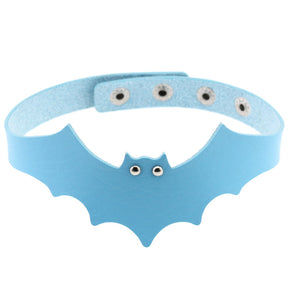 Pale aqua blue faux leather bat wing choker shown fastened in a circle, with a scalloped front, pointed ears and two silver-tone eyelet eyes. The adjustable snap positions are visible across the back.