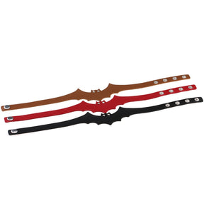 Brown, red and black bat wing chokers lie unfastened in parallel rows on white, showing the full bands and snap positions.
