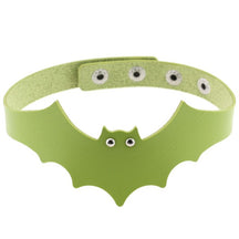 Green faux leather bat wing choker shown fastened in a circle, with a scalloped front, pointed ears and two silver-tone eyelet eyes. The adjustable snap positions are visible across the back.