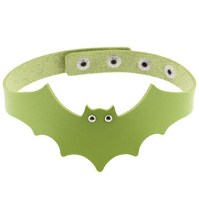 Green faux leather bat wing choker shown fastened in a circle, with a scalloped front, pointed ears and two silver-tone eyelet eyes. The adjustable snap positions are visible across the back.