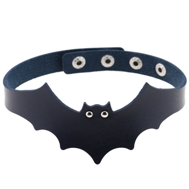 Navy faux leather bat wing choker shown fastened in a circle, with a scalloped front, pointed ears and two silver-tone eyelet eyes. The adjustable snap positions are visible across the back.