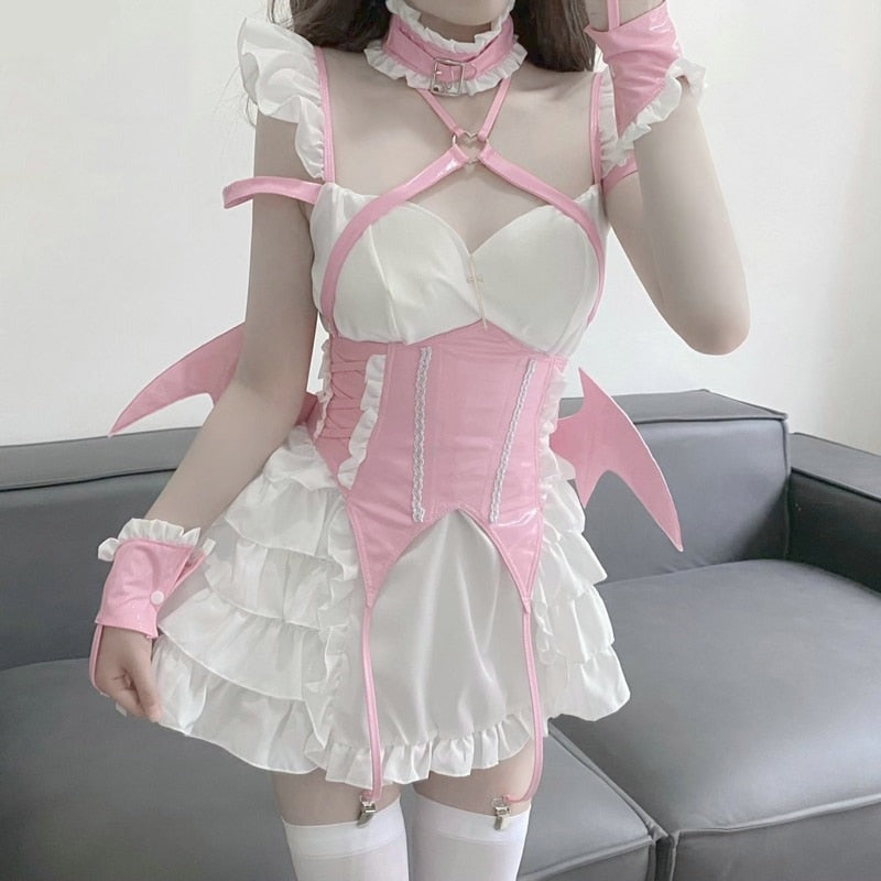 Bat-wing maid costume with a structured bodice, white ruffled skirt and crisscross back, available in black or pink.