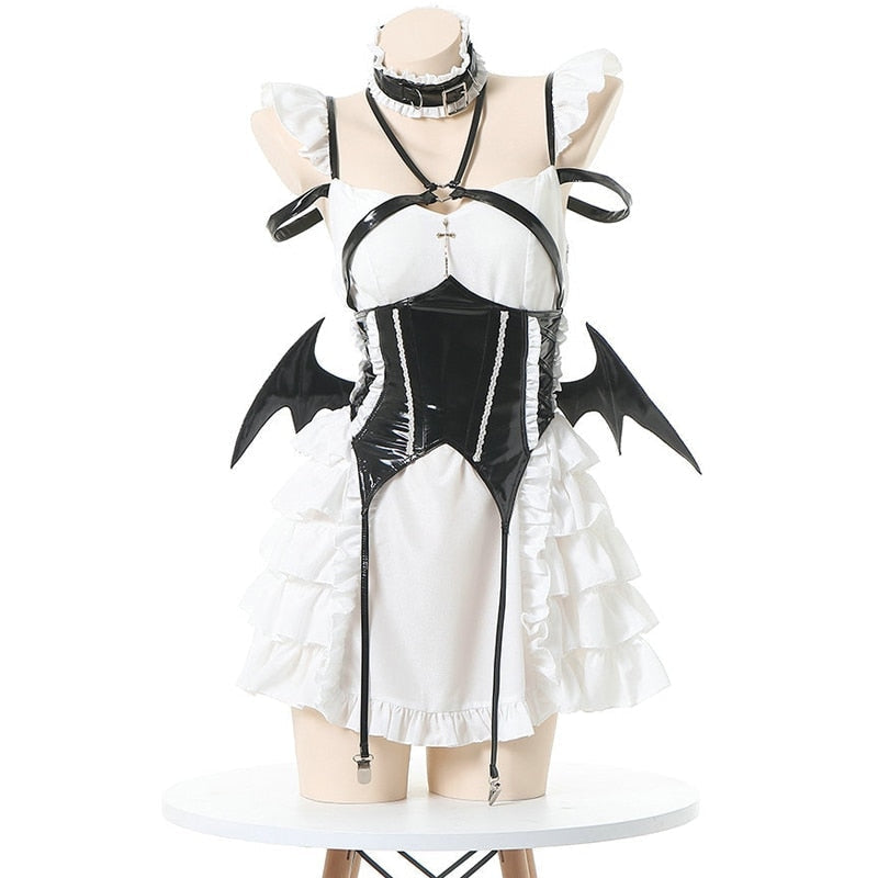 Bat-wing maid costume with a structured bodice, white ruffled skirt and crisscross back, available in black or pink.