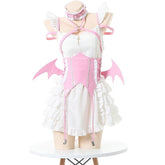 Bat-wing maid costume with a structured bodice, white ruffled skirt and crisscross back, available in black or pink.