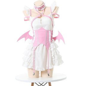 Bat-wing maid costume with a structured bodice, white ruffled skirt and crisscross back, available in black or pink.