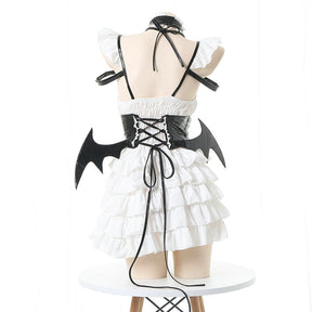 Bat-wing maid costume with a structured bodice, white ruffled skirt and crisscross back, available in black or pink.