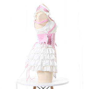 Bat-wing maid costume with a structured bodice, white ruffled skirt and crisscross back, available in black or pink.
