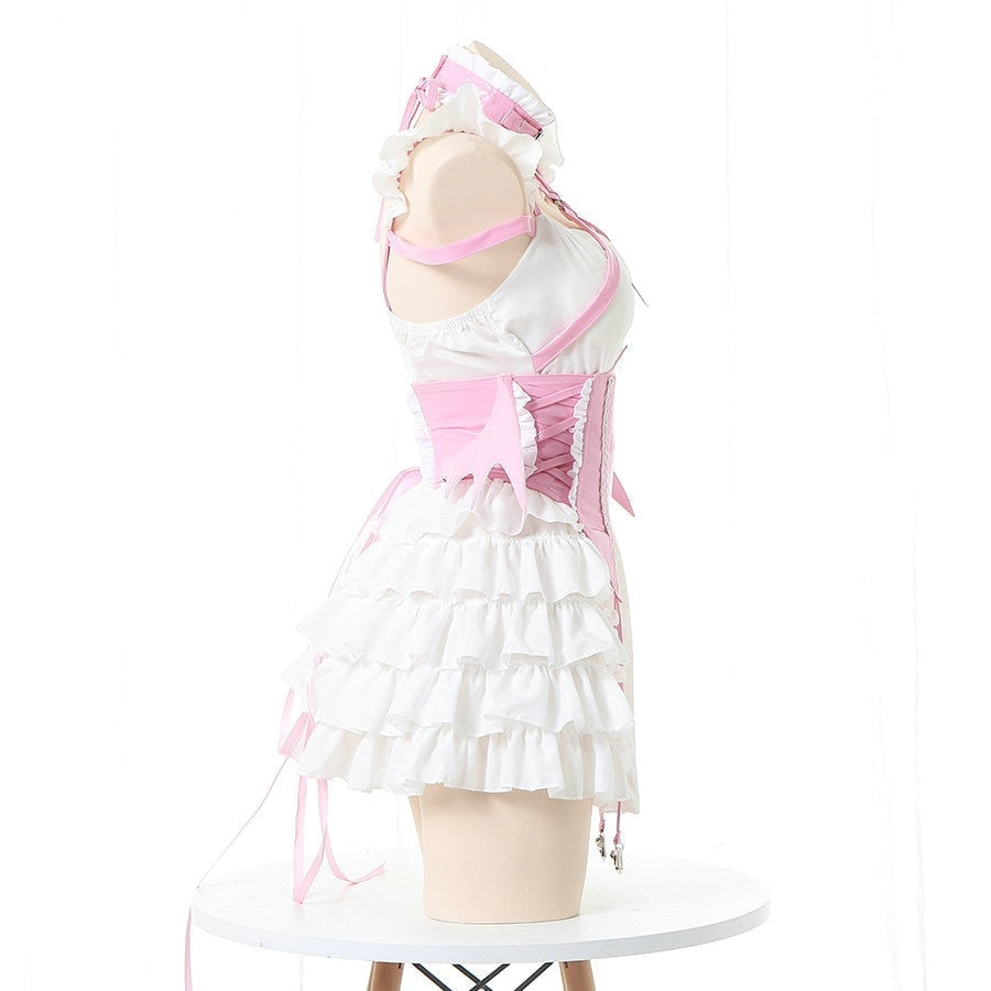 Bat-wing maid costume with a structured bodice, white ruffled skirt and crisscross back, available in black or pink.