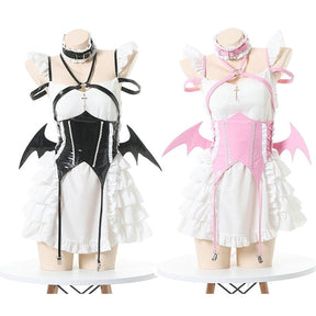 Bat-wing maid costume with a structured bodice, white ruffled skirt and crisscross back, available in black or pink.
