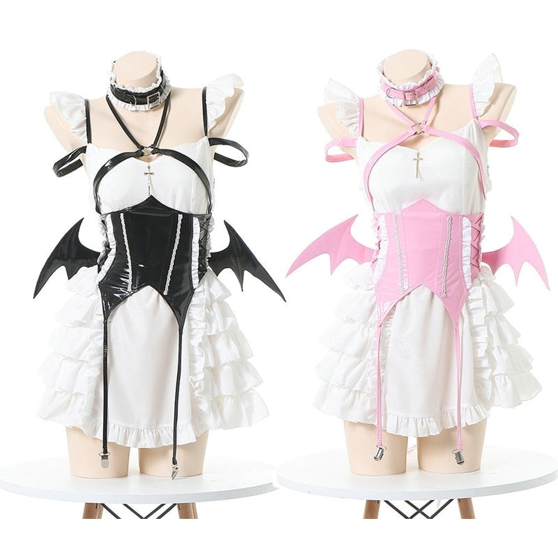 Bat-wing maid costume with a structured bodice, white ruffled skirt and crisscross back, available in black or pink.