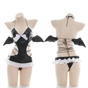 Front and rear mannequin views of the bat lingerie set showing the white bow, halter ties and open lace-up back.