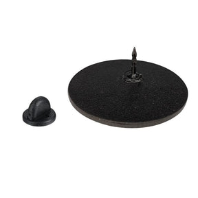 Rear of the round Be Very Afraid pin, showing its single post and separate black rubber-clutch backing.