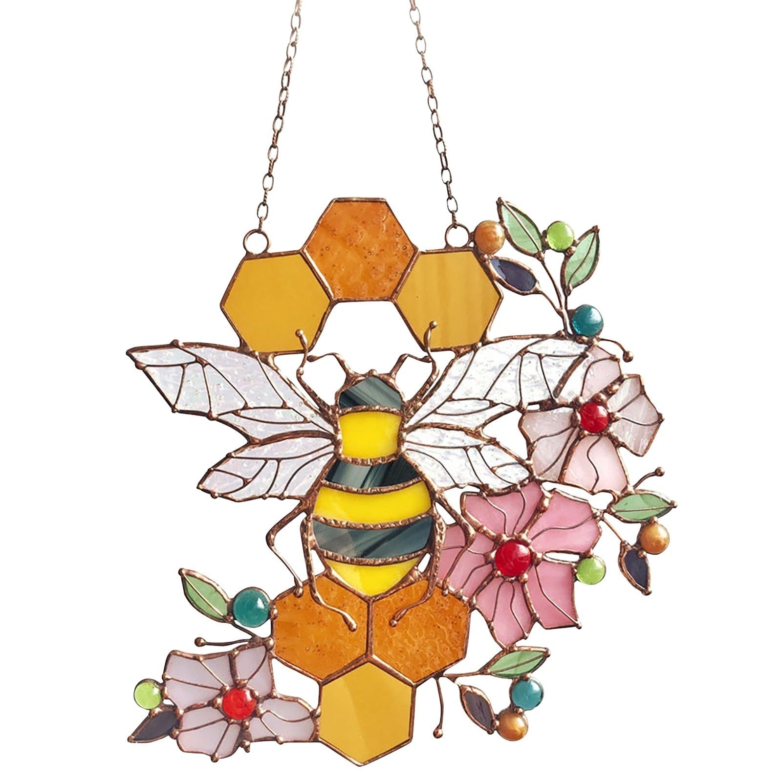 Bee and honeycomb stained glass hanging showing the large bee and floral design on white.