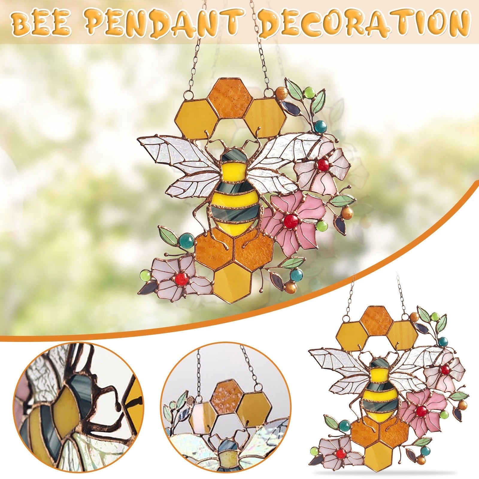 Bee and honeycomb stained glass hanging shown in a promotional collage labeled bee pendant decoration.
