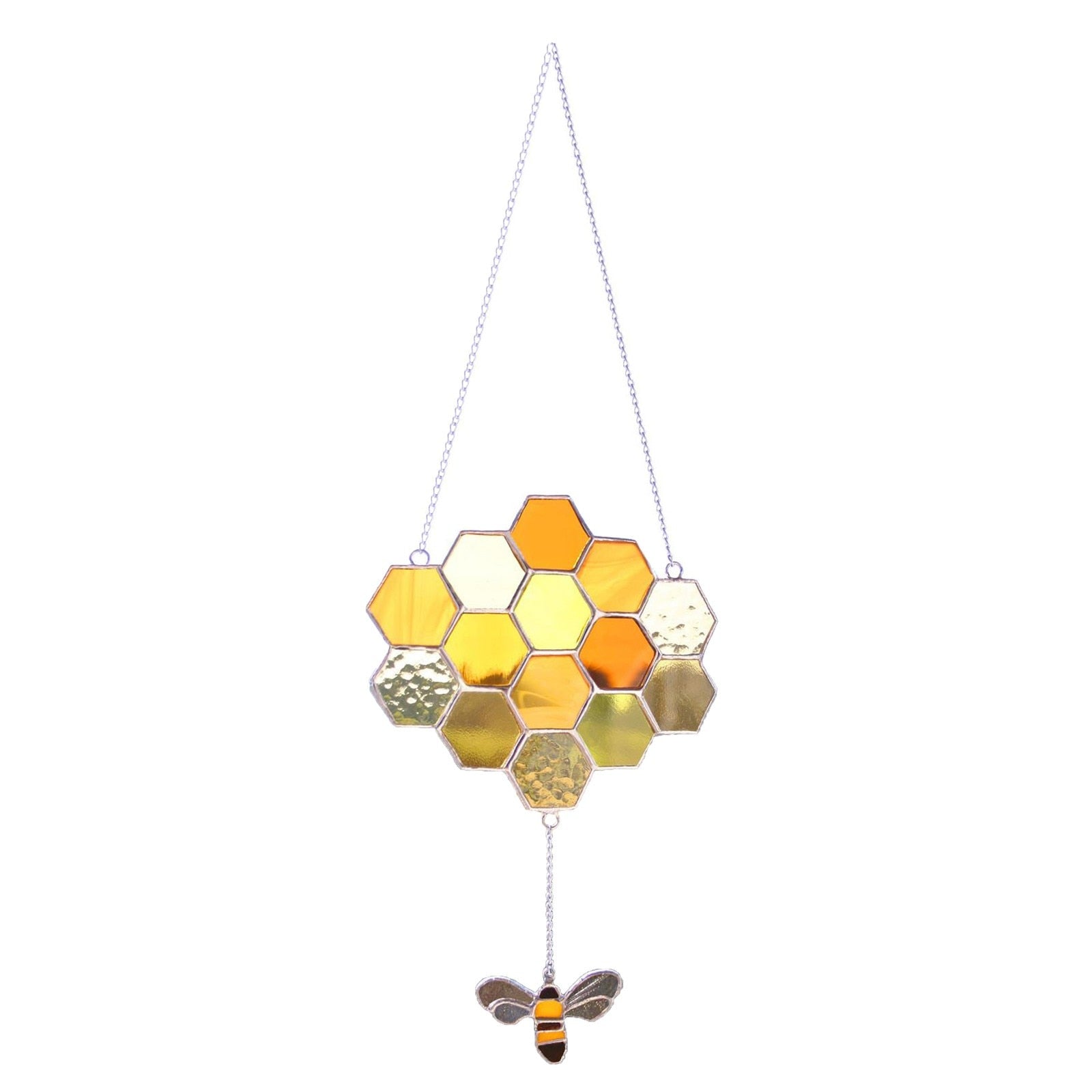 Bee and honeycomb stained glass hanging in the Small Bee design with a bee suspended below amber honeycomb.