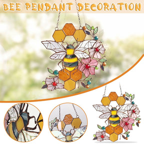 Bee and honeycomb stained glass hanging shown in a promotional detail collage.