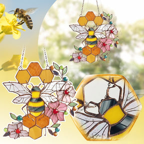 Bee and honeycomb stained glass hanging shown in a collage of the floral bee and glass details.