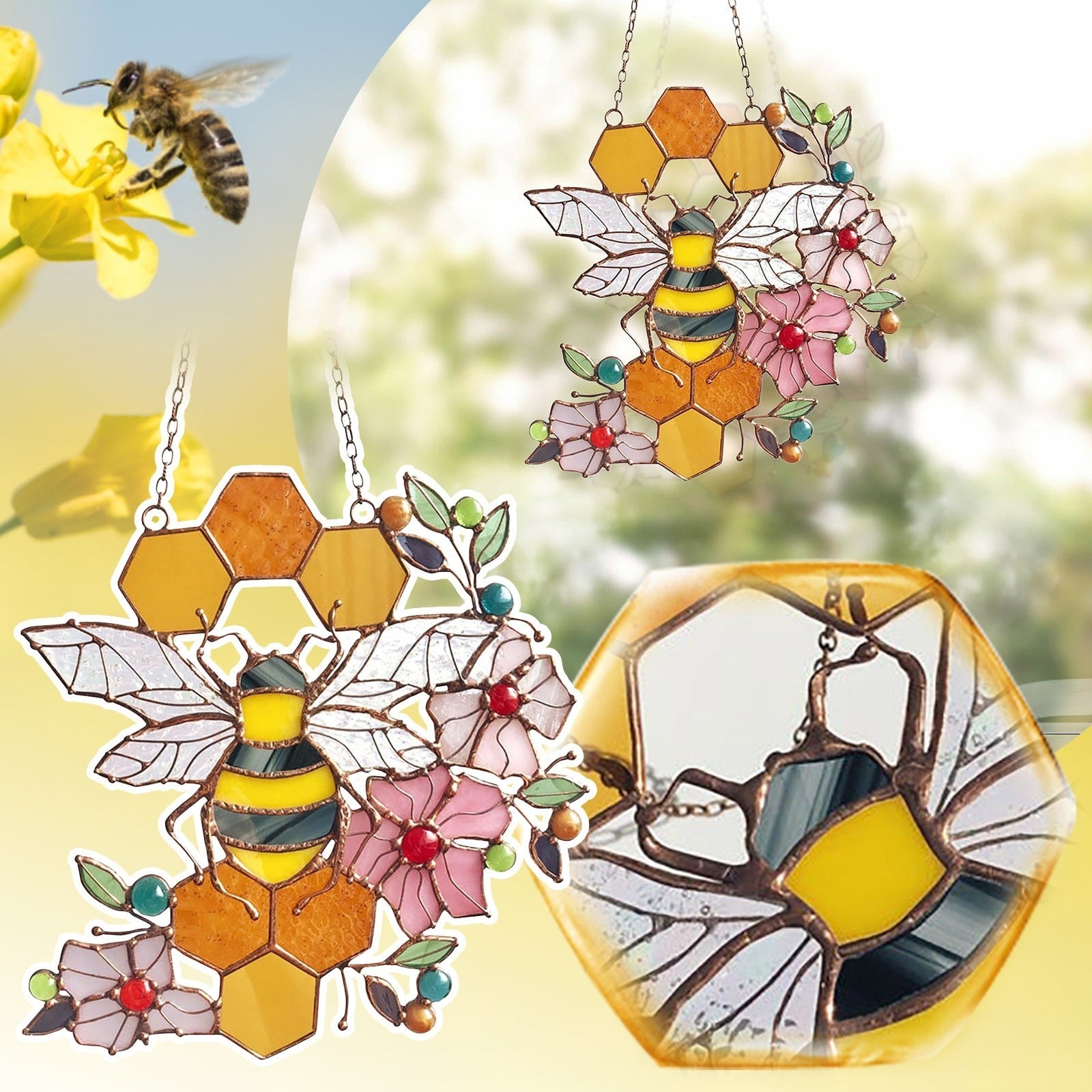 Bee and honeycomb stained glass hanging shown in a second floral bee display collage.