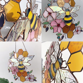 Bee and honeycomb stained glass hanging shown in a four-panel detail collage.