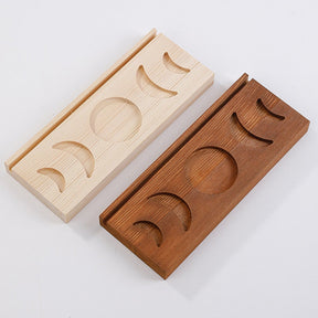 Beige and brown wooden tarot stands shown side by side, each with a long card groove and five recessed moon shapes.