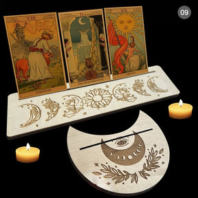 Beige tarot stand pair with sun and moon artwork. The pair is displayed flat to show the printed motifs and card-holding slots.