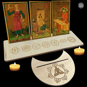 Beige tarot stand pair with a row of chakra-inspired symbols, showing one rectangle and one moon-shaped holder with narrow card slots.