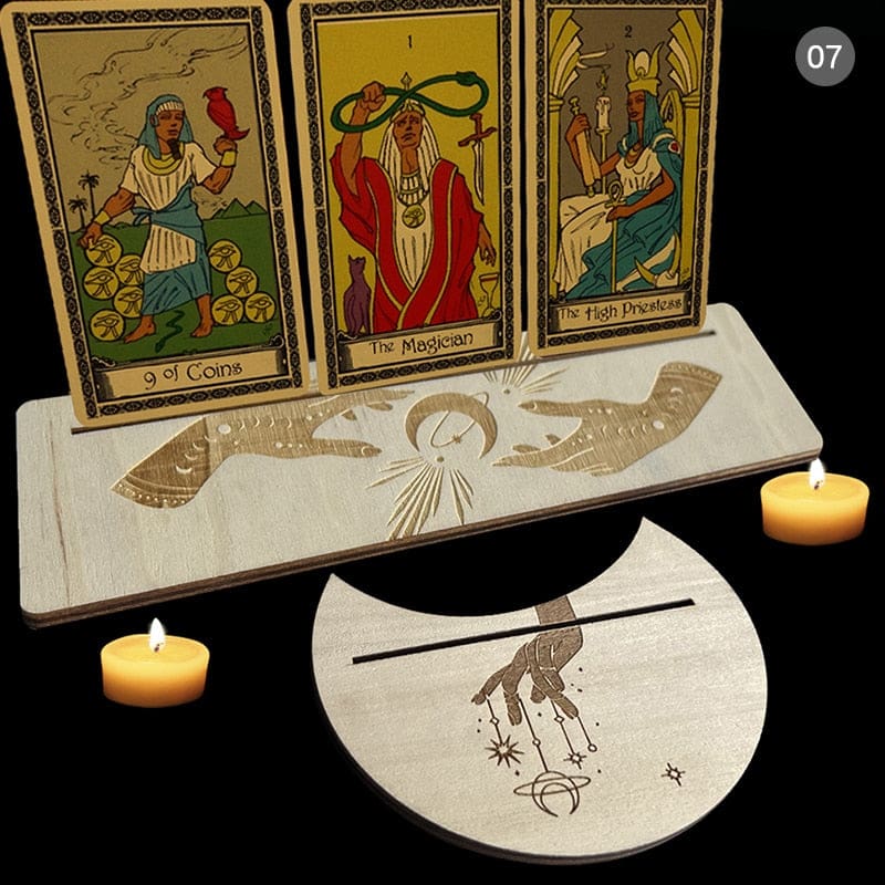 Beige wooden tarot stand pair with hands and crescent motifs, showing one rectangle and one moon-shaped holder with narrow card slots.