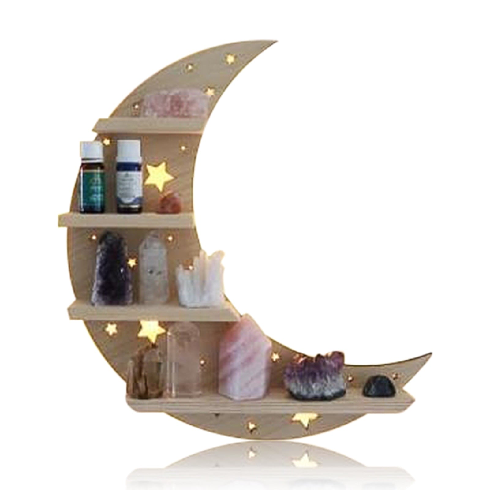 Beige wooden crescent shelf with star cutouts and stepped ledges, arranged with small bottles and crystals against a pale background.