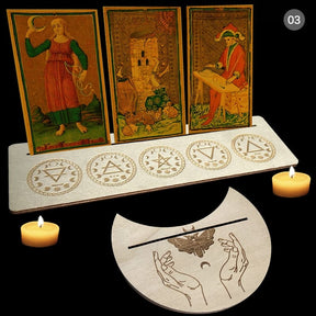 Beige wooden tarot stand pair with circular element designs. The pair is displayed flat to show the printed motifs and card-holding slots.