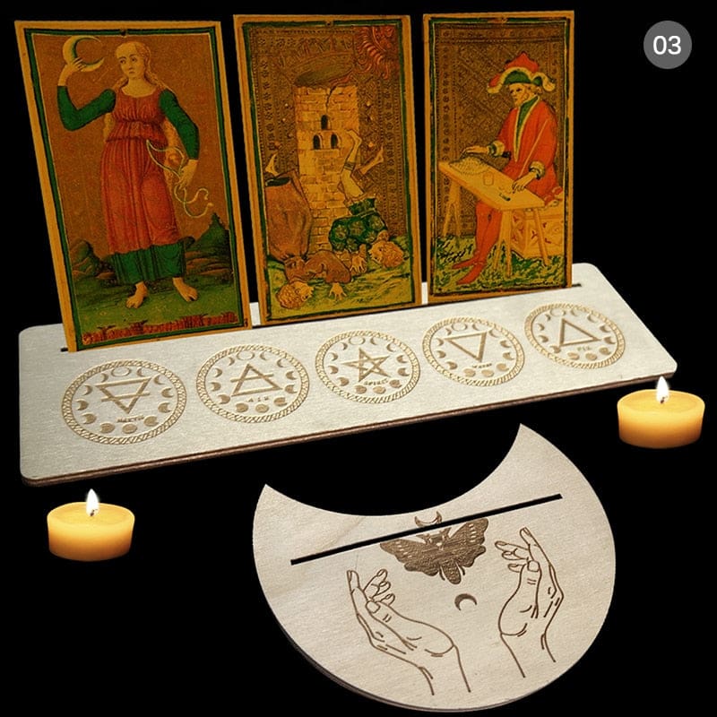 Beige wooden tarot stand pair with circular element designs, showing one rectangle and one moon-shaped holder with narrow card slots.