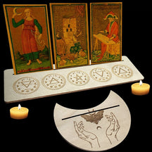 Beige rectangle and moon-shaped tarot holders with circular element symbols, shown together without cards covering the artwork.