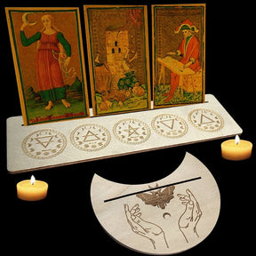 Beige rectangle and moon-shaped tarot holders with circular element symbols, shown together without cards covering the artwork.