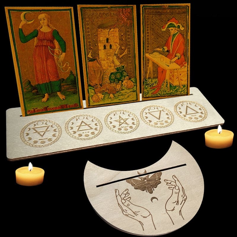 Beige rectangle and moon-shaped tarot holders with circular element symbols, shown together without cards covering the artwork.