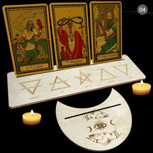 Beige wooden tarot stand pair with a row of element symbols, showing one rectangle and one moon-shaped holder with narrow card slots.