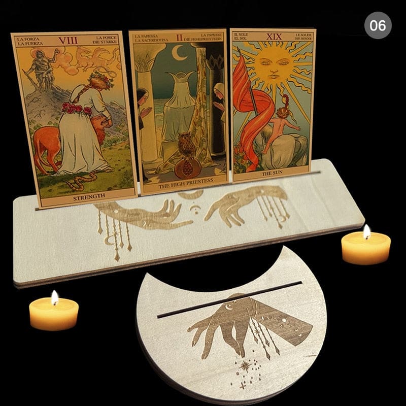 Beige wooden tarot stand pair with hanging charm motifs, showing one rectangle and one moon-shaped holder with narrow card slots.
