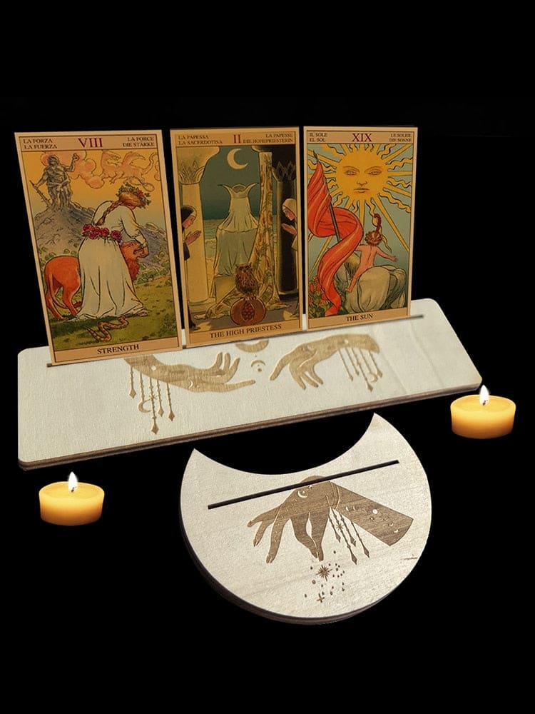 Wider view of the beige hanging-charms tarot stand pair, showing the two slotted wooden holders with cards displayed above them.