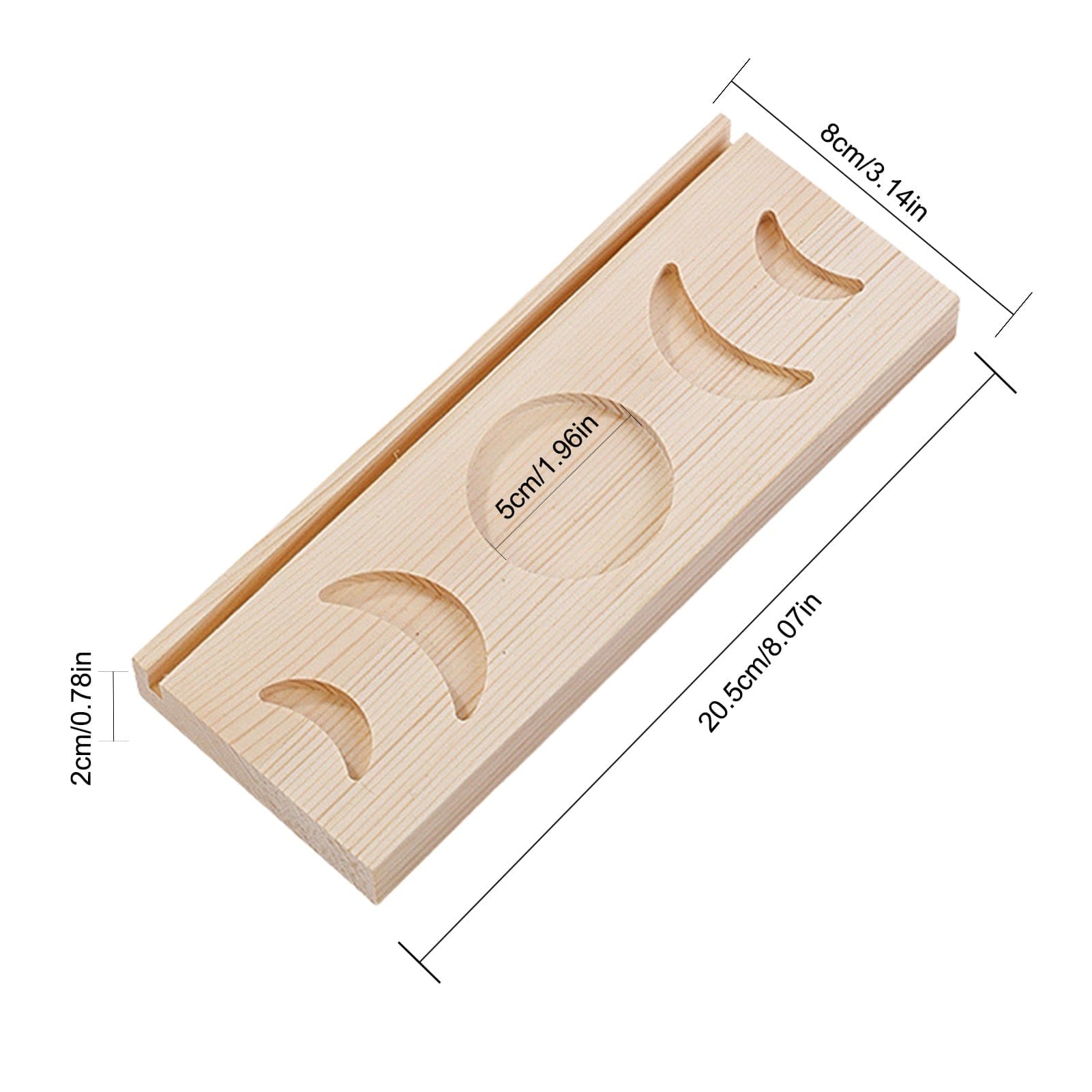 Measurement guide for the beige tarot stand, showing 20.5cm length, 8cm width, 2cm height and a 5cm central circular recess.