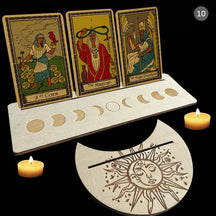 Beige wooden tarot stand pair with dark moon phase artwork, showing one rectangle and one moon-shaped holder with narrow card slots.