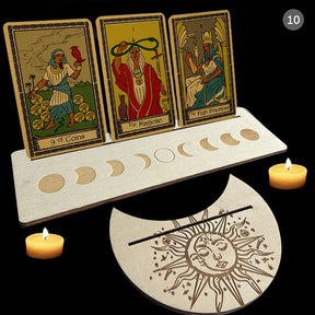 Beige wooden tarot stand pair with dark moon phase artwork, showing one rectangle and one moon-shaped holder with narrow card slots.