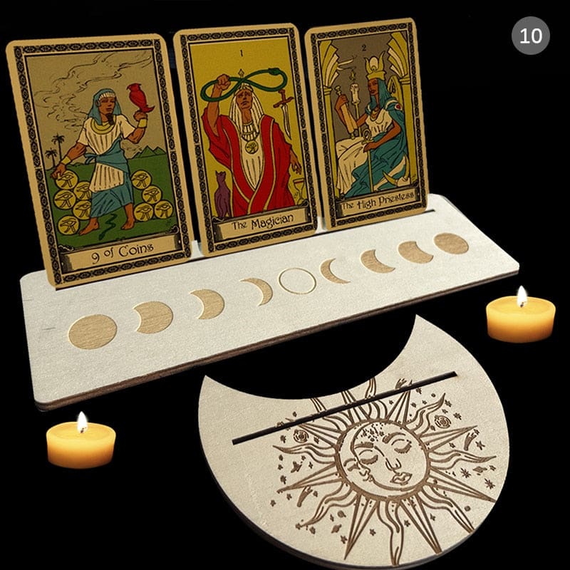 Beige wooden tarot stand pair with dark moon phase artwork, showing one rectangle and one moon-shaped holder with narrow card slots.